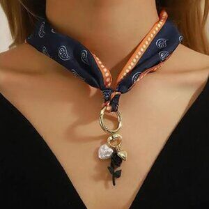 Blue & Orange Scarf Necklace with Chunky Flower Charm Bandana Statement Necklace